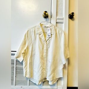 Women Linen Blend Open Collar Short Sleeve Shirt.